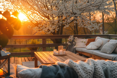 Cozy wooden terrace with rustic wooden furniture, soft pillows and blankets. Charming sunny evening in spring garden with blossoming trees. Generative AI.の素材