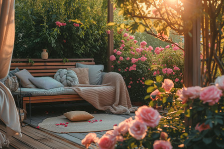 Cozy wooden terrace with rustic wooden furniture, soft colorful pillows and blankets, decorations and flower bushes. Charming sunny evening in summer garden. Generative AI.の素材