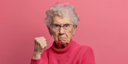 Grumpy senior woman looking at camera with resentment and disapproval, on solid background with copy space. Generative AI.の素材