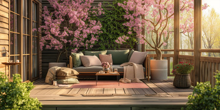 Cozy wooden terrace with rustic wooden furniture, soft pillows and blankets. Charming sunny evening in spring garden with blossoming trees. Generative AI.の素材