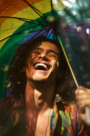 Handsome long-haired man laughing under rainbow umbrella under heavy rain on sunny summer day. Generative AI.の素材