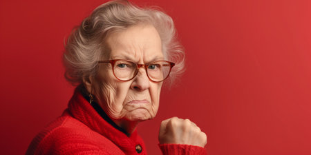 Grumpy senior woman looking at camera with resentment and disapproval, on solid background with copy space. Generative AI.の素材
