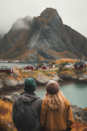 Back view of couple of travelers with a backpacks admiring scenic view of spectacular Norwegian nature. Breathtaking landscape of Norway. Hiking by foot. Generative AI.の素材