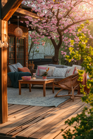 Cozy wooden terrace with rustic wooden furniture, soft pillows and blankets. Charming sunny evening in spring garden with blossoming trees. Generative AI.の素材