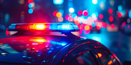 Blue and red light flasher atop of a police car. City lights on the background. Generative AI.の素材