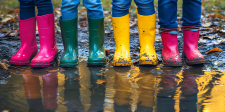 Close-up on children legs in colorful wellie boots standing in a puddle. Kids jumping over puddles in colorful rain boots. Generative AI.の素材