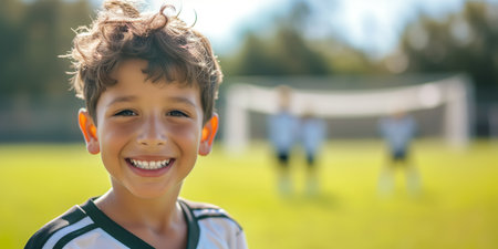 Cheerful ten years old boy in soccer uniform smiling on a backdrop of soccer pitch. Sports and active leisure for young kids. Generative AI.の素材
