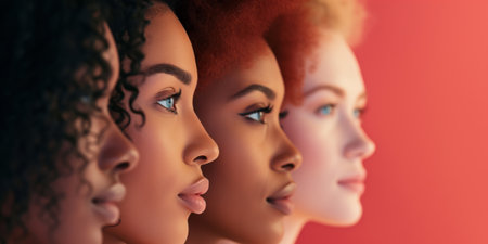 Profiles of four beautiful women with different skin tones, on plain solid background. Diversity, multi-ethnic beauty concept. Generative AI.の素材