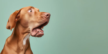 Surprised shocked dog with open mouth and big eyes isolated on flat solid background. Generative AI.の素材