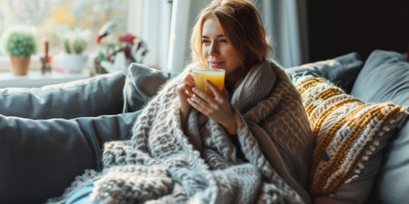 Young woman wrapped in a cozy blanket holding a cup with hot drink trying to warm up in the cold apartment. Beautiful girl feeling sick. Flu season. Generative AI.の素材