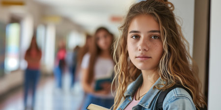 Sad teenage girl standing in a school hallway. Teen student showing signs of depression, stress, and anxiety. Anti-bullying week concept. Generative AI.の素材