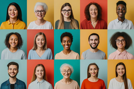 Many diverse ethnicity different young and old people group headshots in collage. Lot of smiling multicultural faces looking at camera. Generative AI.の素材