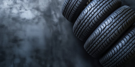 Car tires in a stack, on solid background, with copy space. Generative AI.の素材