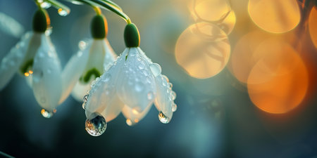 Close-up shot of beautiful white snowdrop flower blossoming in a garden on sunny day. Galanthus blooming in nature, vivid colorful background. Generative AI.の素材