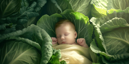 Cute newborn baby lying among cabbage heads in cabbage patch. Myths and folklore stories about where babies come from. Generative AI.の素材