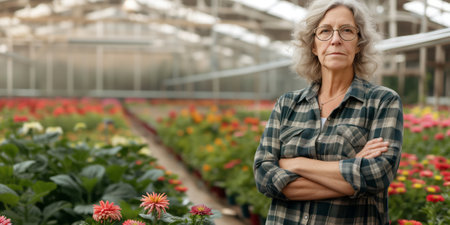 Skilled female botanist taking care of potted flowers in big industrial greenhouse. Woman worker of agricultural complex. Generative AI.の素材