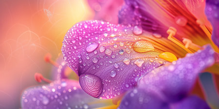 Close-up shot of beautiful purple freesia flower blossoming in a garden on sunny day. Freesia blooming in nature, vivid colorful background. Generative AI.の素材