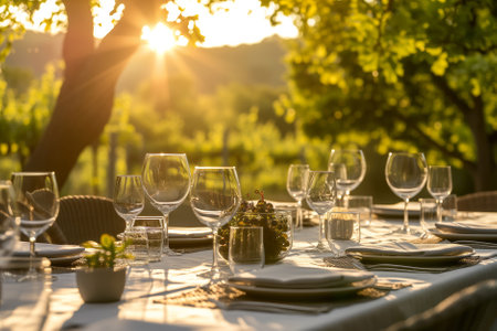 Stunning table arrangement for a wedding of festive event against a breathtaking backdrop of vineyards on summer sunset. Generative AI.の素材