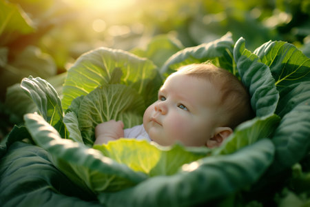 Cute newborn baby lying among cabbage heads in cabbage patch. Myths and folklore stories about where babies come from. Generative AI.の素材
