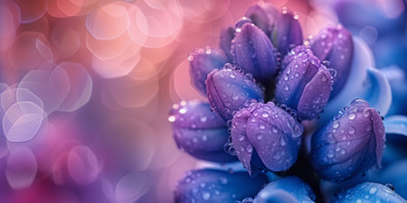 Close-up shot of beautiful purple hyacinth flower blossoming in a garden on sunny day. Hyacinthus blooming in nature, vivid colorful background. Generative AI.の素材