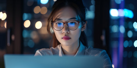 Beautiful young woman wearing glasses looking at laptop at night. Screen light reflecting in young female's glasses. Working late at evening. Generative AI.の素材