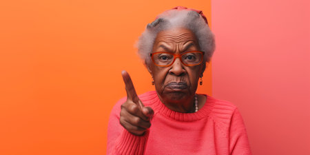 Grumpy senior black woman looking at camera with resentment and disapproval, on solid background with copy space. Generative AI.の素材