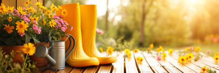 Rubber boots, gardening tools and spring flowers on the wooden terrace in the spring garden. Generative AI.の素材