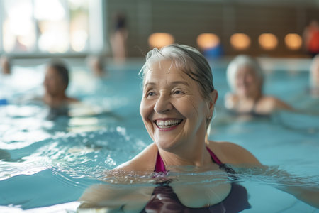 Cheerful senior lady exercising in swimming pool. Group of mature women doing gymnastics in the gym pool. Healthy lifestyle for elderly people. Generative AI.の素材
