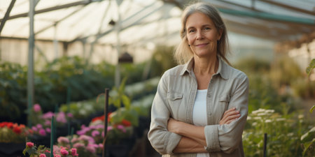 Skilled female botanist taking care of potted flowers in big industrial greenhouse. Woman worker of agricultural complex. Generative AI.の素材