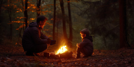 Father with a little boy sitting by a bonfire on warm summer night. Active family leisure with children. Hiking and trekking on a nature trail. Generative AI.の素材