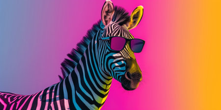 Multicolored neon party zebra wearing sunglasses on vivid background. Generative AI.の素材