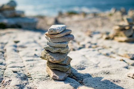 Stones stacks at Malin Head, Ireland's northernmost point, Wild Atlantic Way, spectacular coastal route. Wonders of nature. Numerous Discovery Points. Co. Donegalの写真素材