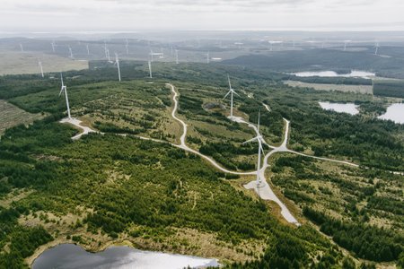 Connemara aerial landscape with wind turbines of Galway Wind Park located in Cloosh Valley, County...