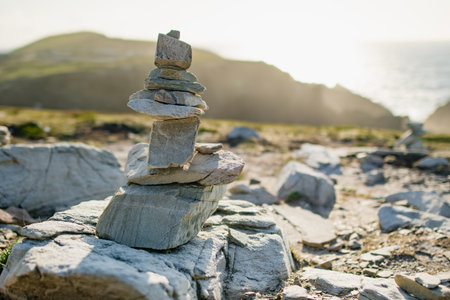 Stones stacks at Malin Head, Ireland's northernmost point, Wild Atlantic Way, spectacular coastal route. Wonders of nature. Numerous Discovery Points. Co. Donegalの写真素材