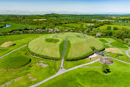Aerial view of Knowth, the largest and most remarkable ancient monument in Ireland. Spectacular prehistoric passage tombs, part of the World Heritage Site of Bru na Boinne, valley of the River Boyne.の写真素材