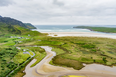 Aerial view of Loughros peninsula and dried up Loughros Beg Bay corner in the vicinity of Assaranca Waterfall, Irelandの写真素材