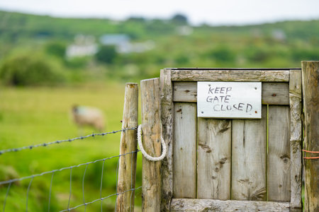Closed wooden gate with a request to keep it closed in Irish pastures. Sheep grazing in green...