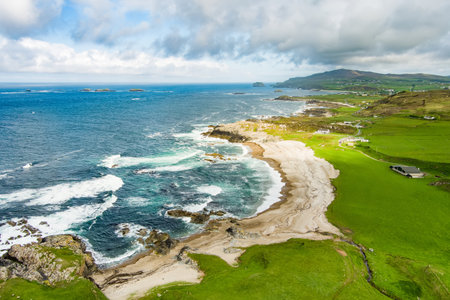 Aerial view of Portmor or Kitters Beach, Malin Head, Ireland's northernmost point, famous Wild Atlantic Way, spectacular coastal route. Wonders of nature. Numerous Discovery Points. Co. Donegalの写真素材