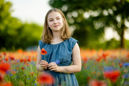 Beautiful teenage girl admiring poppy and knapweed flowers in blossoming poppy field on sunny summer day. Beautiful summer scenery near Vilnius, Lithuania.の写真素材