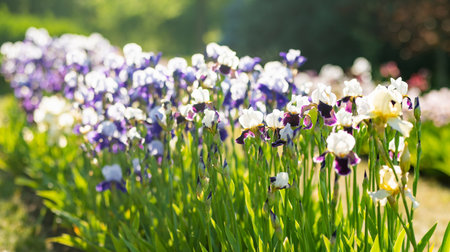 Colorful iris flowers blossoming on a flower bed in the park on sunny summer evening. Beauty in nature.の写真素材