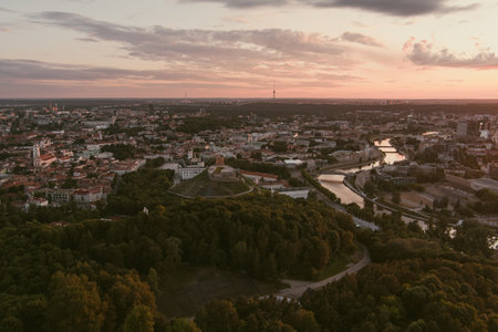 Aerial view of Vilnius Old Town, one of the largest surviving medieval old towns in Northern Europe. Summer landscape of UNESCO-inscribed Old Town of Vilnius, Lithuaniaの写真素材