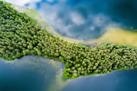 Scenic aerial view of Sciuro Ragas peninsula, separating White Lakajai and Black Lakajai lakes....