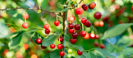 Ripening cherry fruits hanging on a cherry tree branch. Harvesting berries in cherry orchard on...