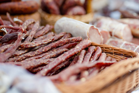 Selection of assorted home made meats, jerky and sausages on a farmers market in Vilnius, Lithuania. Kaziukas, traditional spring fair in capital of Lithuania.の写真素材