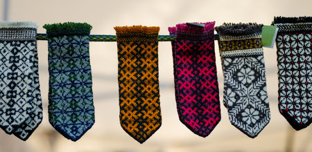Colorful warm knitted mittens sold on Easter market in Vilnius. Annual spring fair hold in March on...