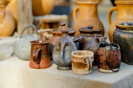 Ceramic dishes, tableware and jugs sold on Kaziuko muge or Kaziukas spring fair, traditional Easter market in Vilnius, Lithuaniaの写真素材