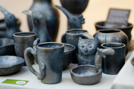 Ceramic dishes, tableware and jugs sold on Kaziuko muge or Kaziukas spring fair, traditional Easter market in Vilnius, Lithuaniaの写真素材