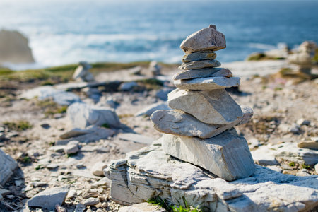 Stones stacks at Malin Head, Ireland's northernmost point, Wild Atlantic Way, spectacular coastal route. Wonders of nature. Numerous Discovery Points. Co. Donegalの写真素材