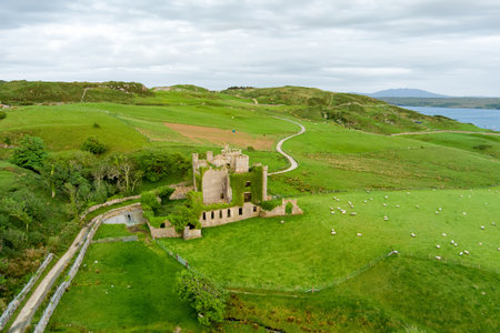 Aerial view of Clifden Castle, ruined manor house, standing on famous Sky Road near Clifden town, great example of Gothic Revival architecture, history, heritage of Connemara Co. Galway, Irelandの写真素材