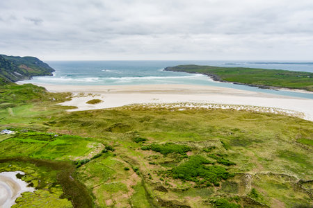 Aerial view of Loughros peninsula and dried up Loughros Beg Bay corner in the vicinity of Assaranca Waterfall, Irelandの写真素材